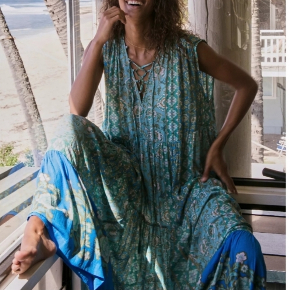 Free People Hanalei Bay Lace Up V Neck Sleeveless Maxi Gypsy Festival Green XS